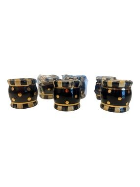 Lot of 6 MacKenzie-Childs Black Tie Courtly Stripe Ceramic Napkin Rings Gold Dot
